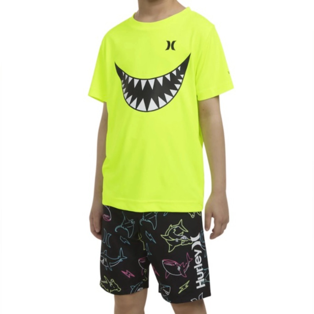 NEW Hurley Sharkbite H20-Dri Rashguard Tee & Swim Trunks Neon Yellow, Size 7